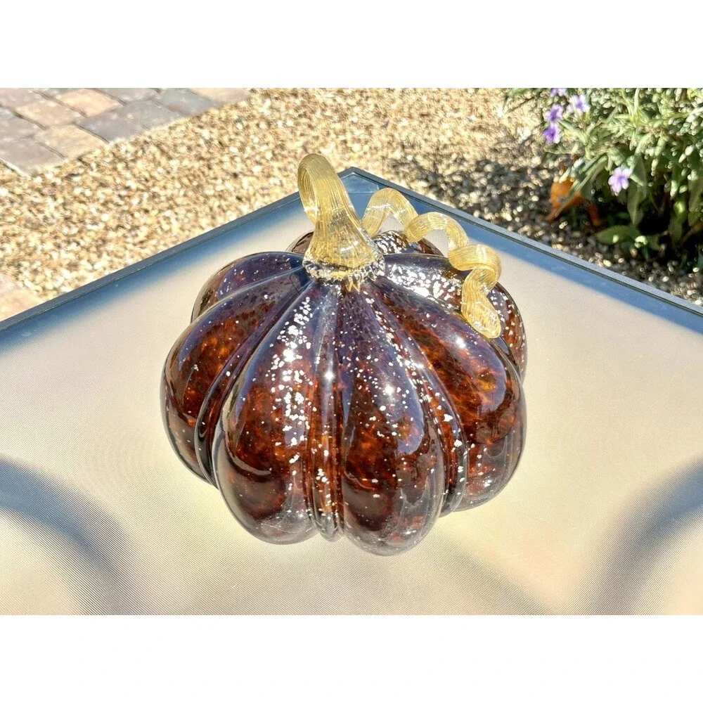 Large Amber Gold Brown Glass Pumpkin w/ Silver Sparkles & Ribbed Gold Stem 7.5